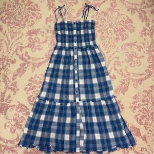 True Craft Blue, Pink, & White Smocked Gingham Plaid Midi Cotton Dress Women’s M